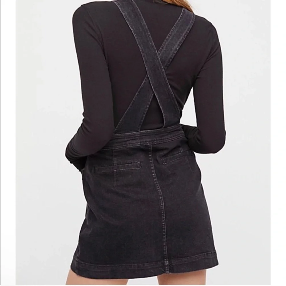 Free People Old School Love Black Wash Denim Mini Dress Overalls Skirtall - Picture 3 of 9